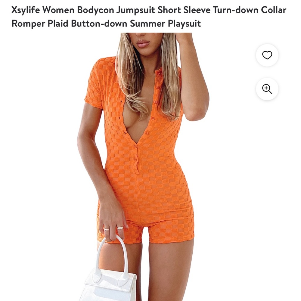 Women Bodycon Jumpsuit Short Sleeve Romper Plaid Button-down, Orange, sz M, New